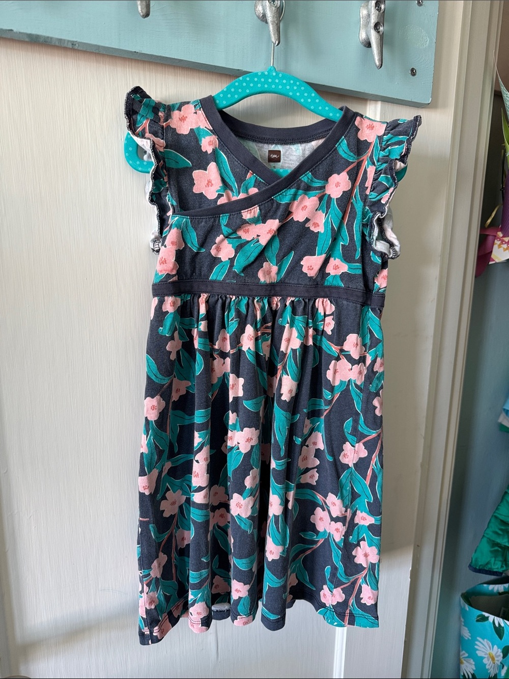 Tea Collection Navy Dress with Pink Floral and Teal Leaves